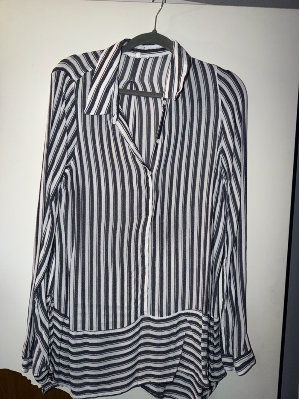 Pleione Black and White Vertical Stripe Button-Down Shirt